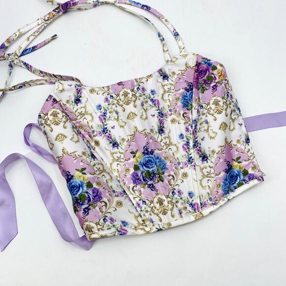 Sugar Thrillz S purple Floral Token of Love Corset Lace Up Top - Picture 2 of 10